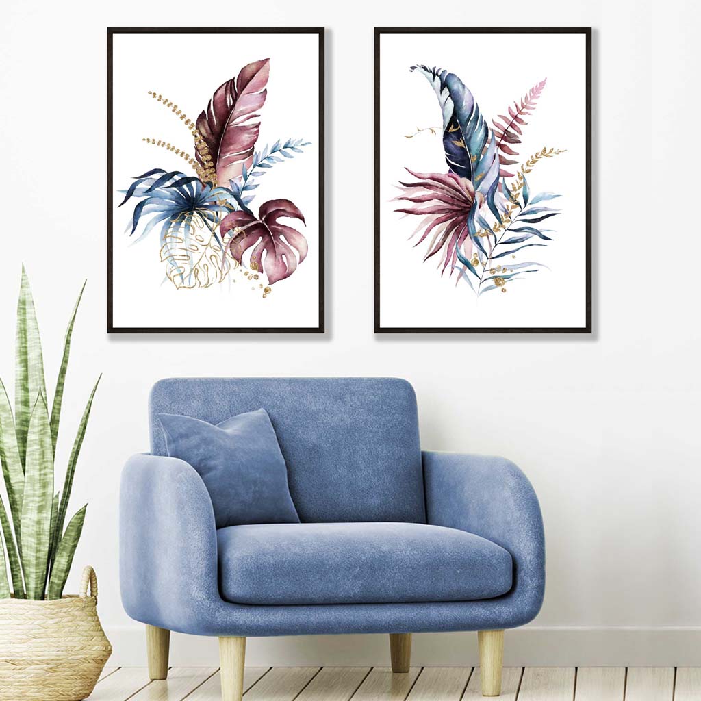 Abstraktes Set aus 2 gerahmten Kunstdrucken mit botanischen Blättern in Rosa und Blau