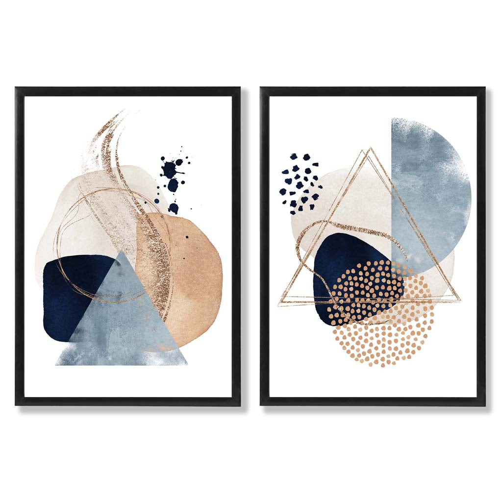 Set mit 2 Kunstdrucken im Aquarell-Stil mit blauen und beigen Formen