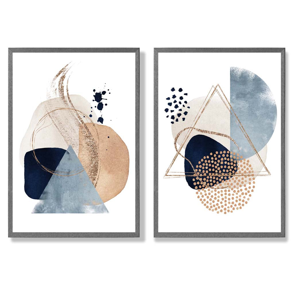 Set mit 2 Kunstdrucken im Aquarell-Stil mit blauen und beigen Formen