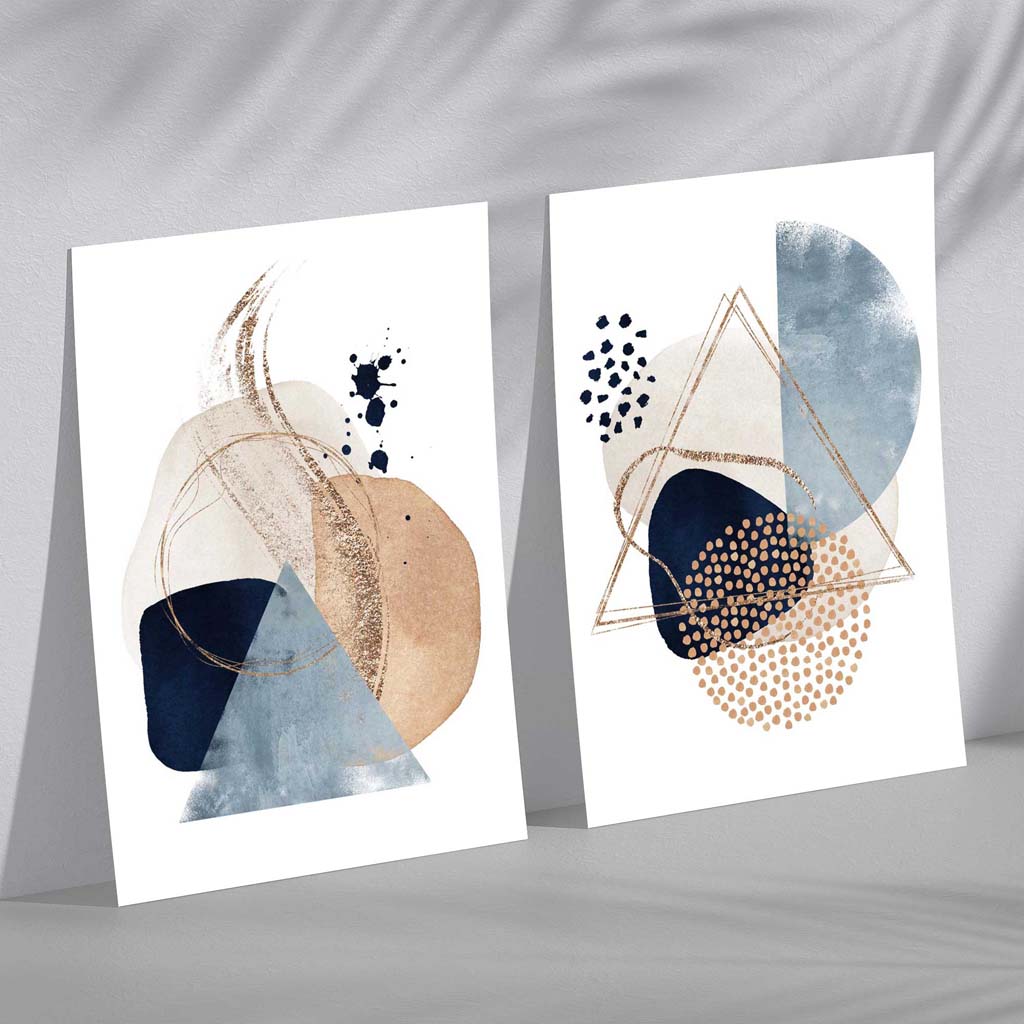 Set mit 2 Kunstdrucken im Aquarell-Stil mit blauen und beigen Formen