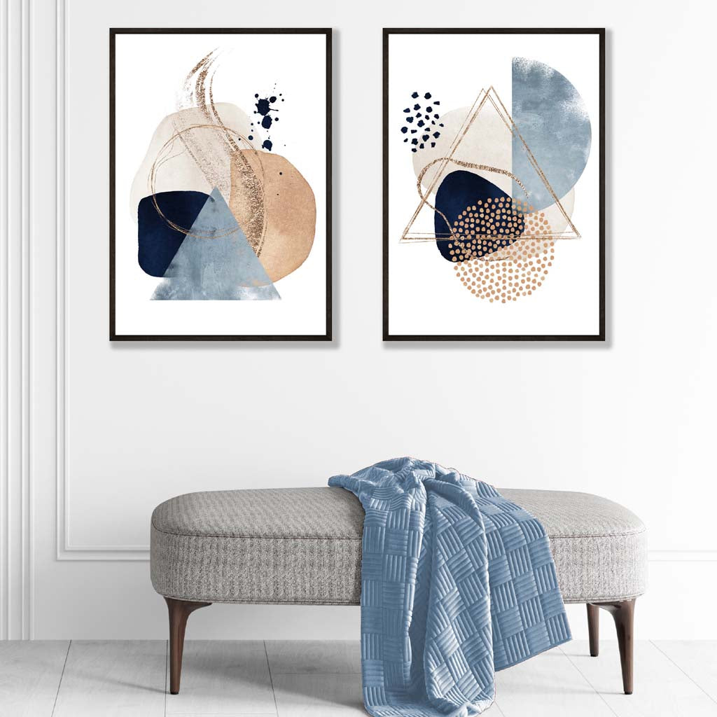 Aquarellformen in Blau und Beige, 2er-Set Kunstdrucke