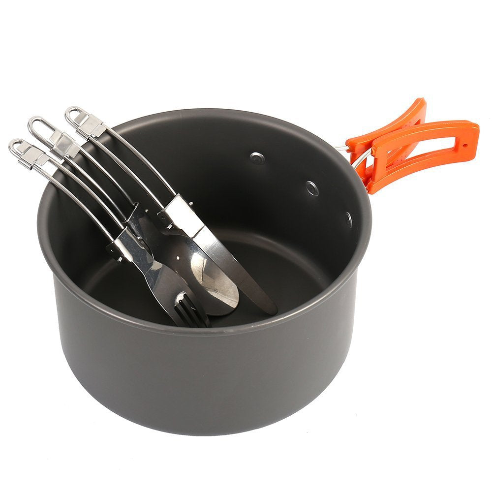 leichtgewichtiges antihaft Camping Kochgeschirr Set mit faltbarem Wasserkocher, Topf, Pfanne, Edelstahlutensilien, Silikonuntersetzer und Tragetasche Brehn