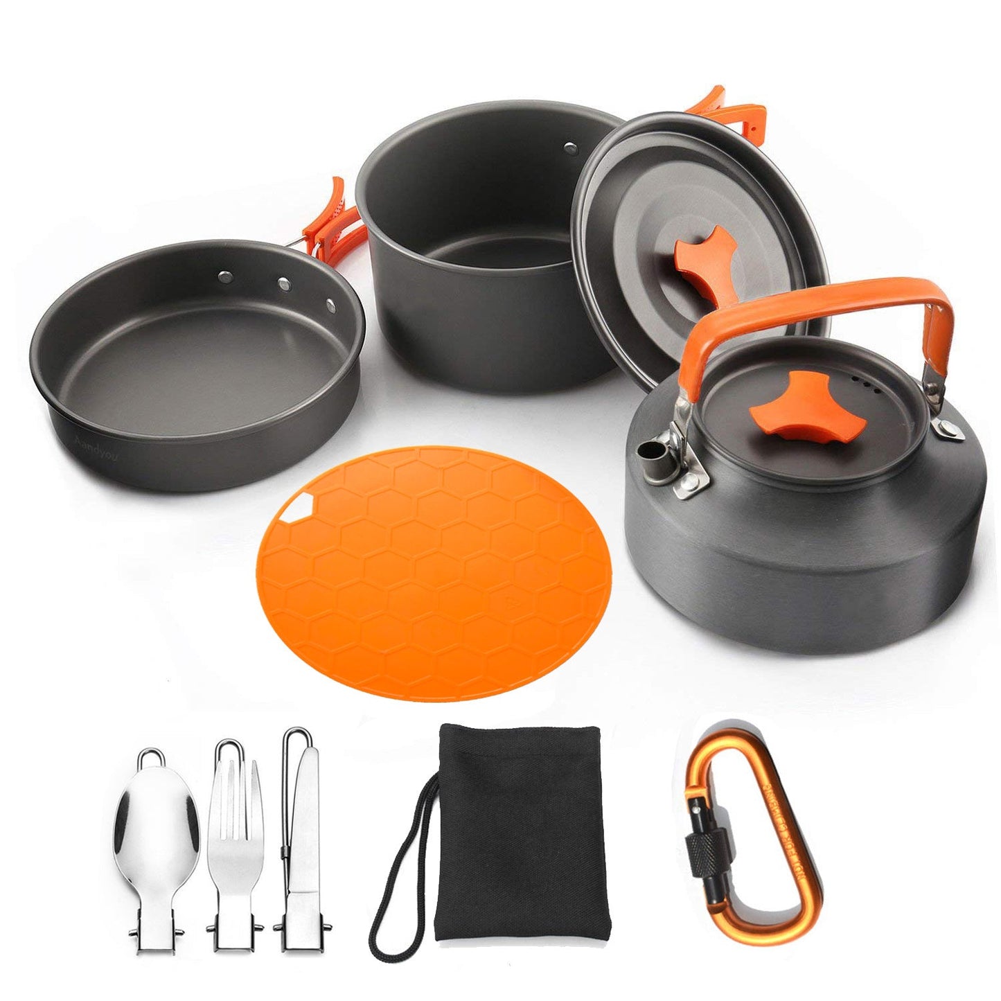 leichtgewichtiges antihaft Camping Kochgeschirr Set mit faltbarem Wasserkocher, Topf, Pfanne, Edelstahlutensilien, Silikonuntersetzer und Tragetasche Brehn