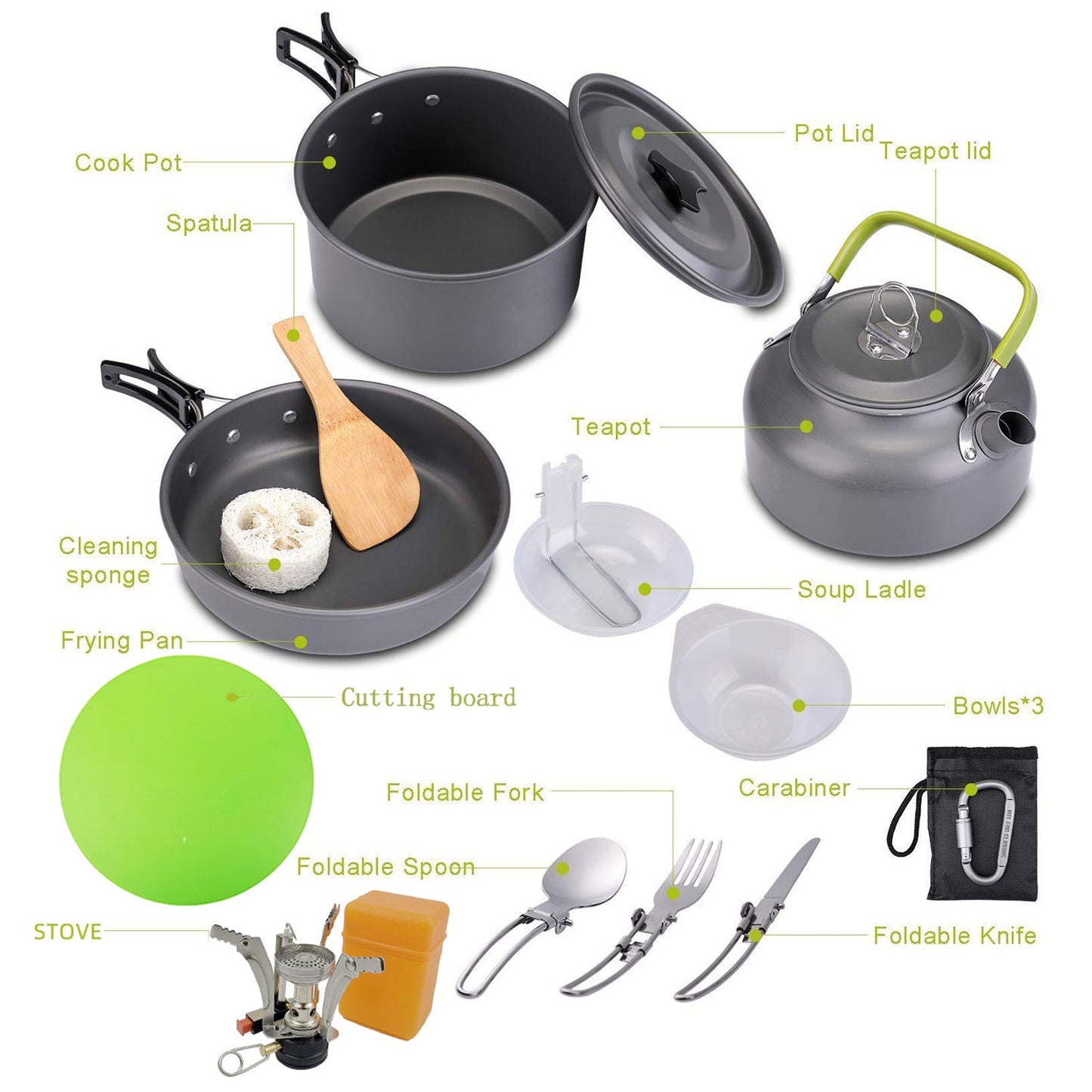 ultraleichte antihaft-anodisierte Aluminium-Campinggeschirrset mit Wasserkocher faltbarem Besteck und tragbarem Ofen Brehn