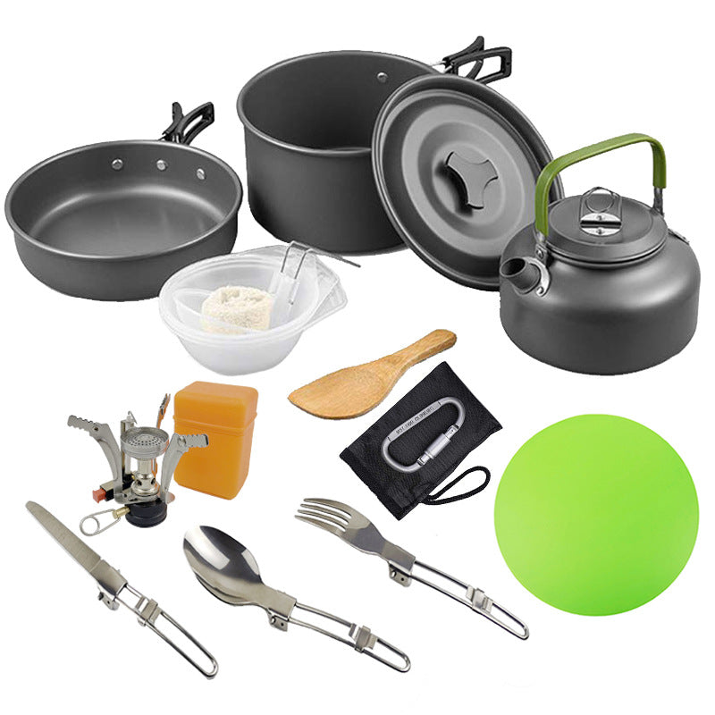 ultraleichte antihaft-anodisierte Aluminium-Campinggeschirrset mit Wasserkocher faltbarem Besteck und tragbarem Ofen Brehn