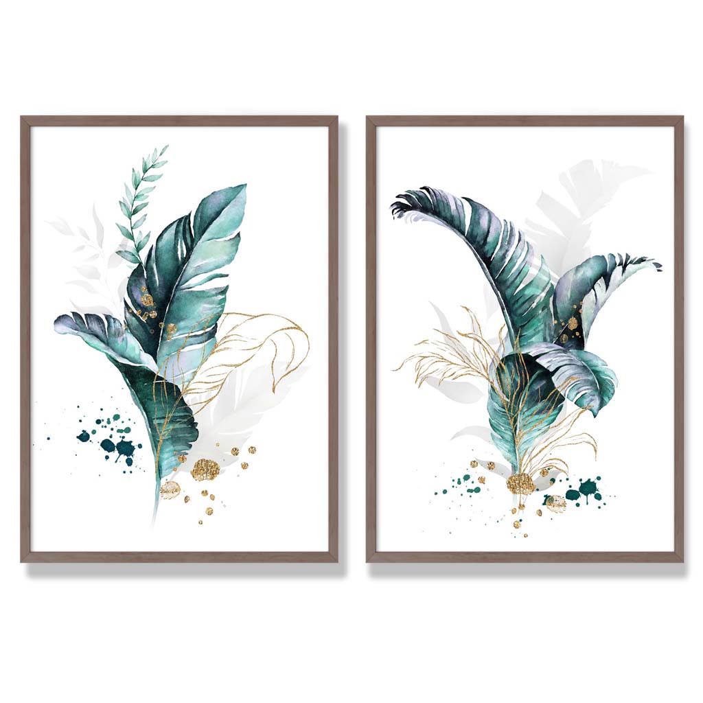 Abstraktes türkisfarbenes botanisches Blättermotiv, gerahmtes Set aus 2 Kunstdrucken