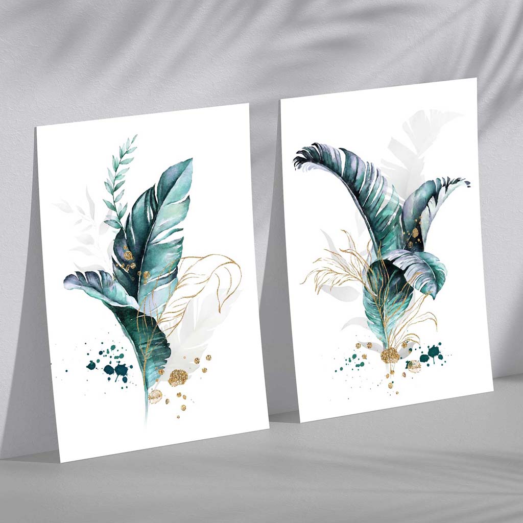 Abstraktes türkisfarbenes botanisches Blättermotiv, gerahmtes Set aus 2 Kunstdrucken