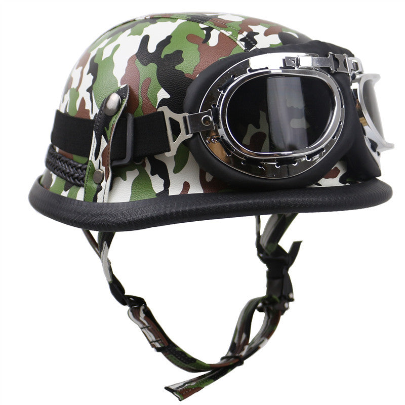 Vintage-Leder-Bikerhelm mit Brille Brehn