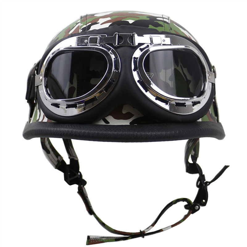 Vintage-Leder-Bikerhelm mit Brille Brehn