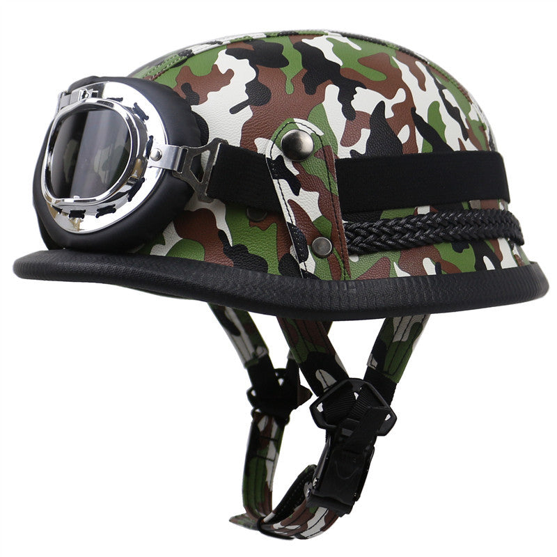 Vintage-Leder-Bikerhelm mit Brille Brehn