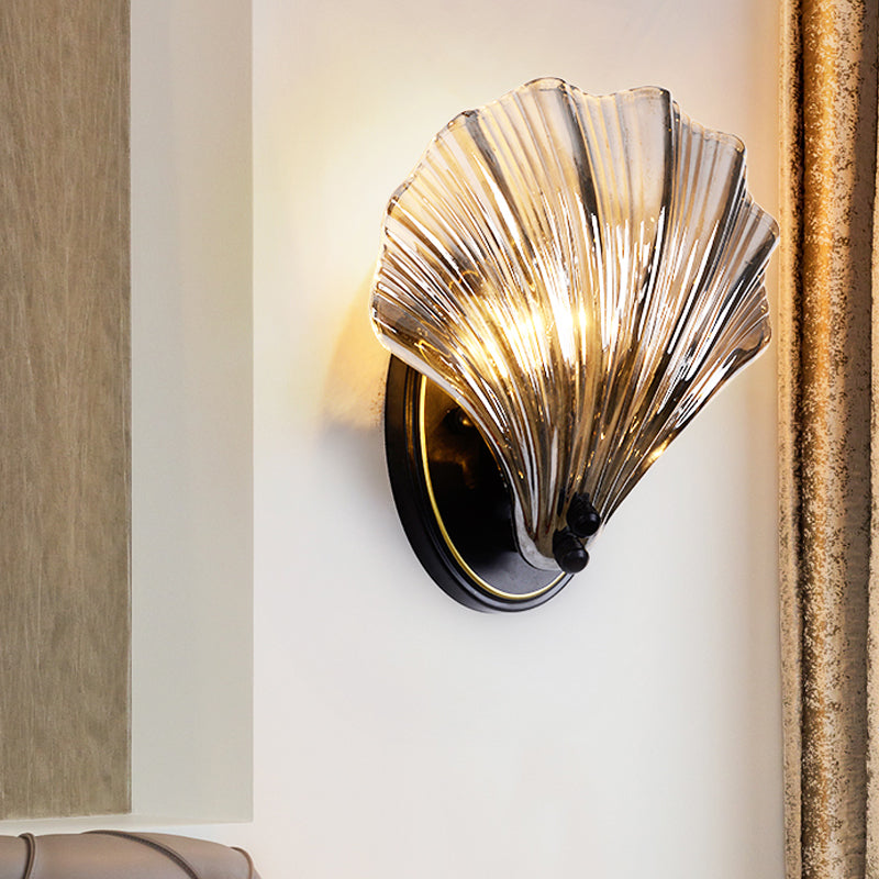 Einzelschalen Wandlampe Landhausstil Schwarz/Gold Rippenglas Wandleuchte | Brehn