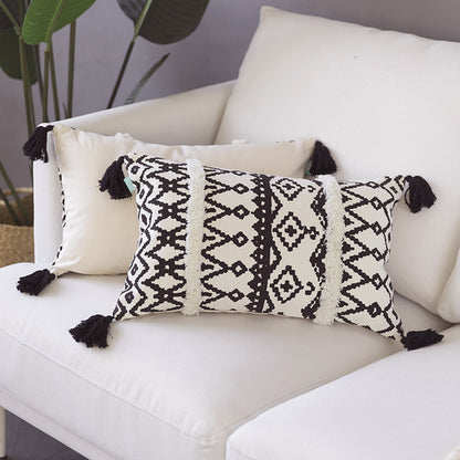 Rechteckiges Boho-Lendenkissen mit Jacquard‑Webung, Fransenstreifen und Eckquasten Brehn