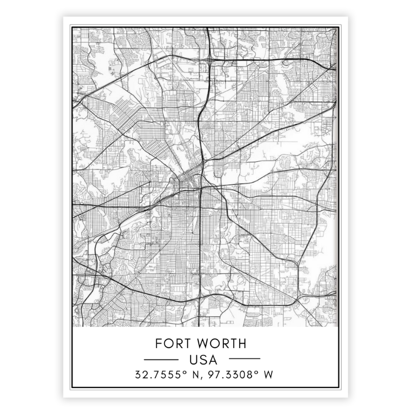 Fort Worth Stadtkarte - Leinwand Wandkunst Gemälde