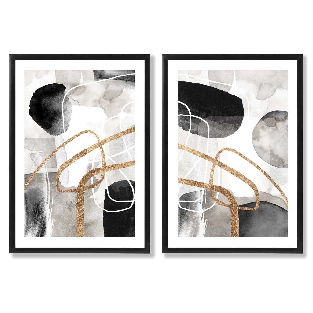Schwarze und goldene abstrakte Formen, gerahmtes 2er-Set Kunstdrucke