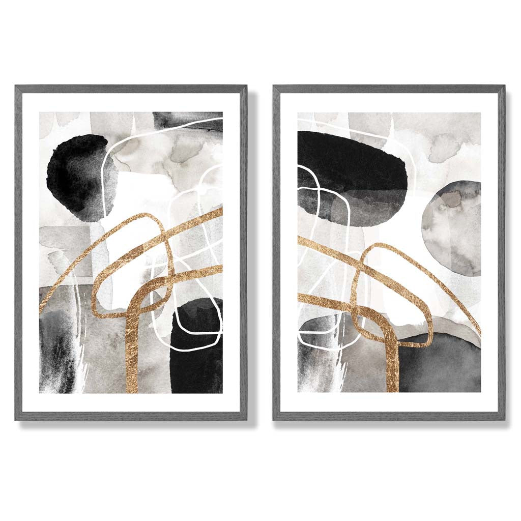 Schwarze und goldene abstrakte Formen, gerahmtes 2er-Set Kunstdrucke