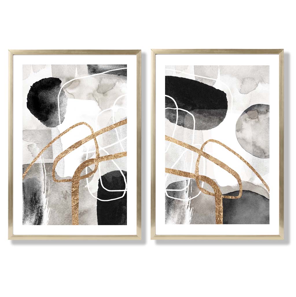 Schwarze und goldene abstrakte Formen, gerahmtes 2er-Set Kunstdrucke
