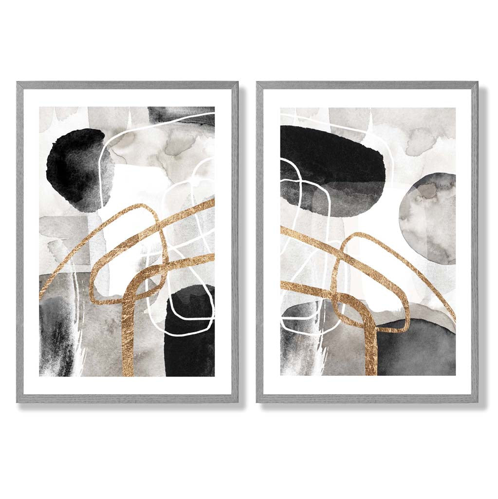 Schwarze und goldene abstrakte Formen, gerahmtes 2er-Set Kunstdrucke