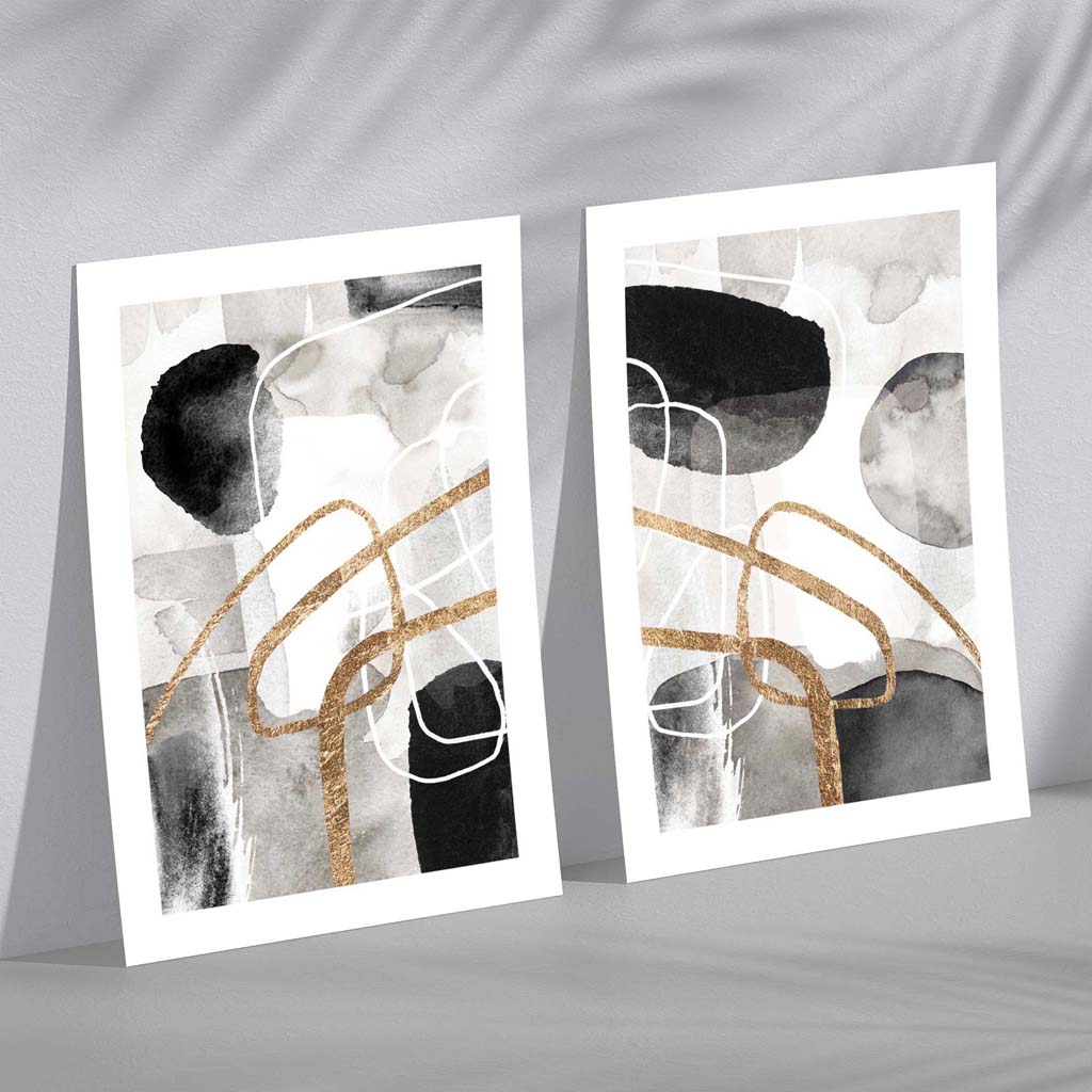 Schwarze und goldene abstrakte Formen, 2er-Set Kunstdrucke