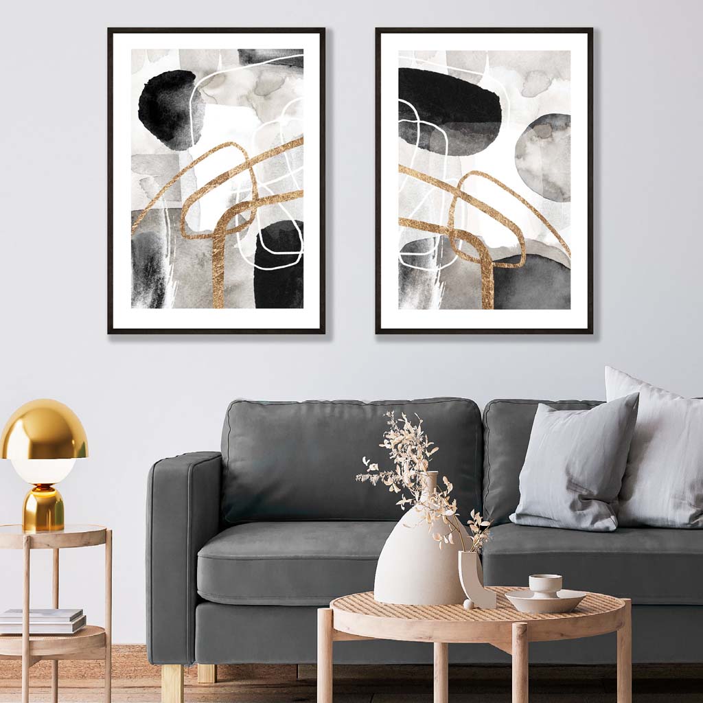 Schwarze und goldene abstrakte Formen, 2er-Set Kunstdrucke