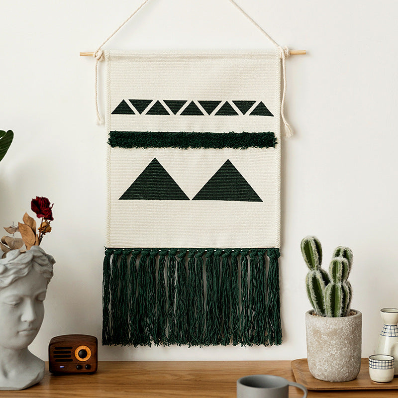 Handgewebter Wandbehang und Tischläufer aus Baumwollmix mit geometrischem Treppenmuster und langen Fransen Brehn