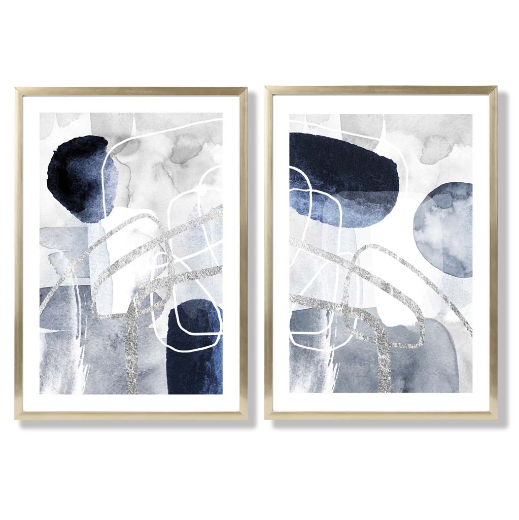 Set aus 2 gerahmten Kunstdrucken mit abstrakten Formen in Blau und Silber