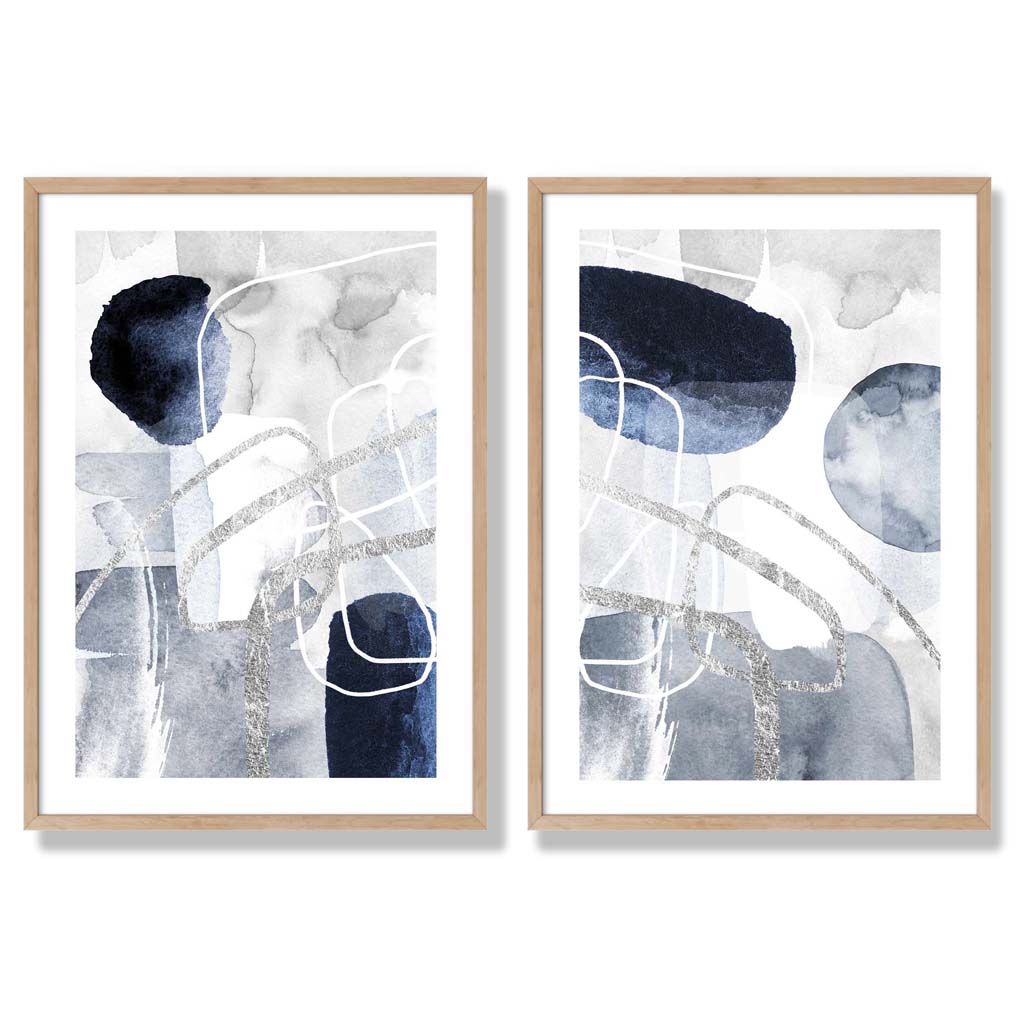 Set aus 2 gerahmten Kunstdrucken mit abstrakten Formen in Blau und Silber