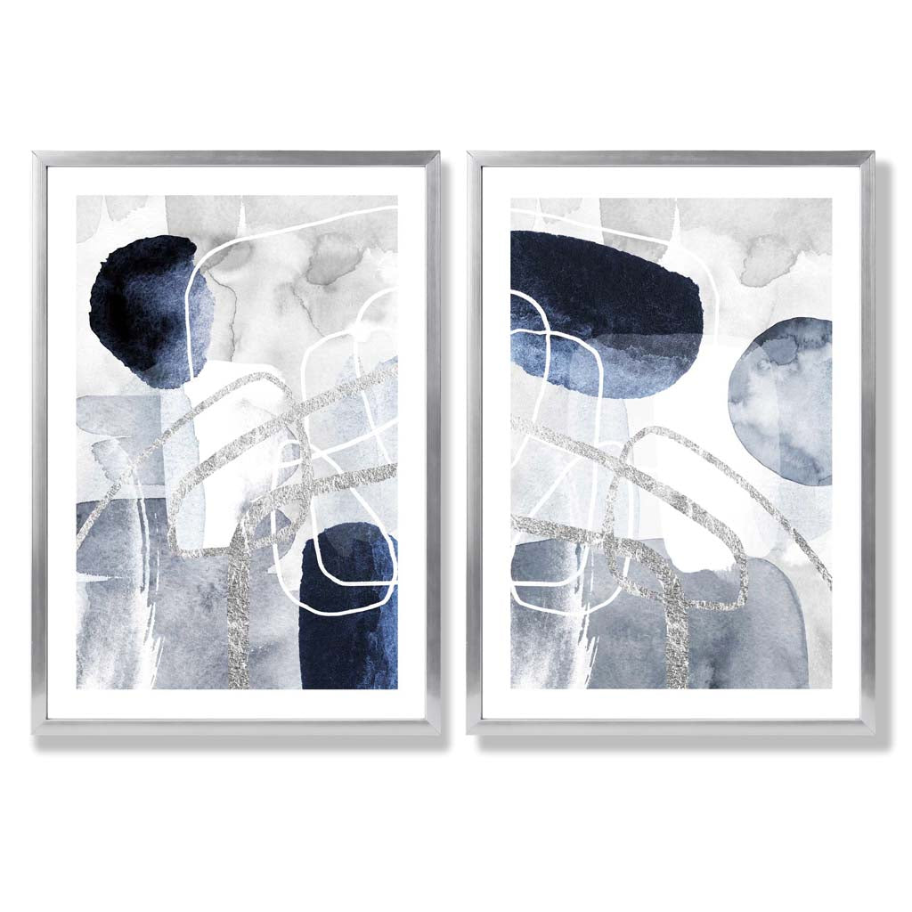 Set aus 2 gerahmten Kunstdrucken mit abstrakten Formen in Blau und Silber