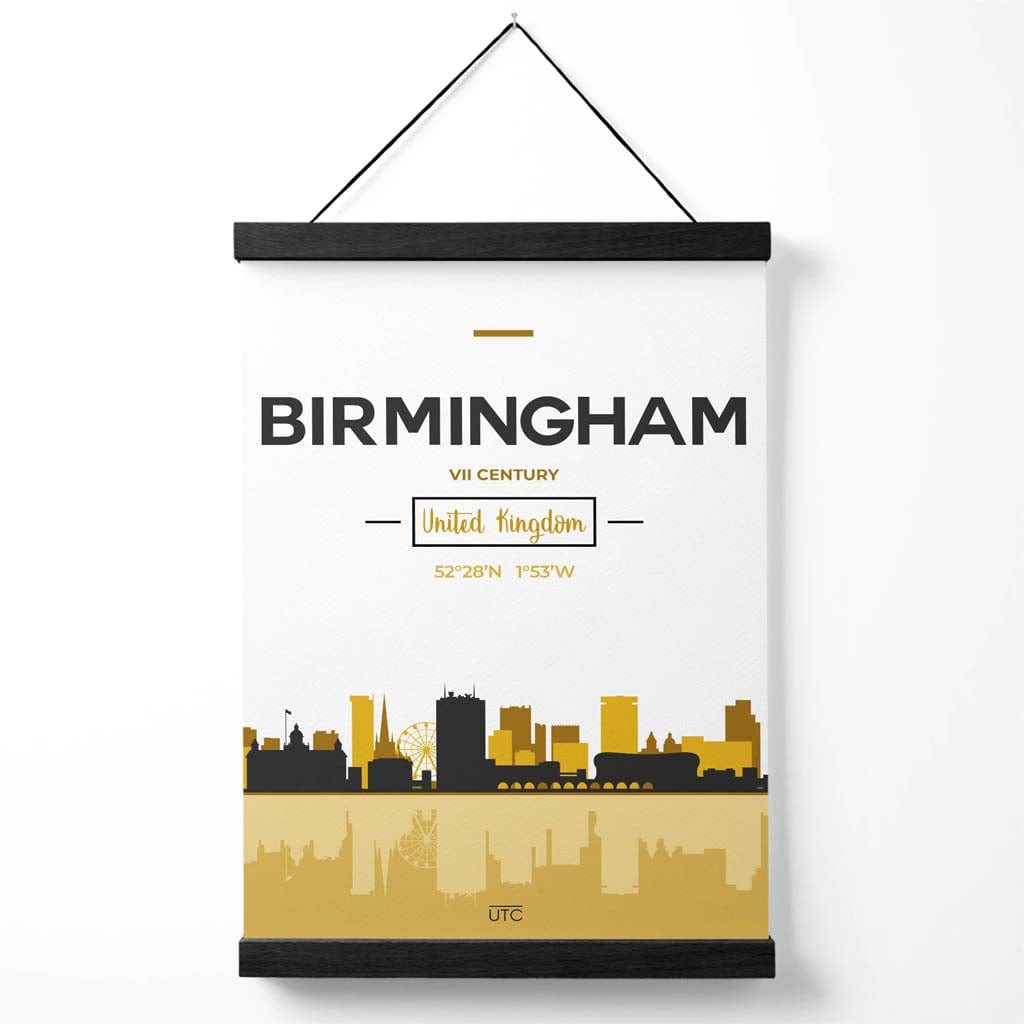 Birmingham-Stadtansicht-Poster in Gelb und Schwarz mit Aufhänger