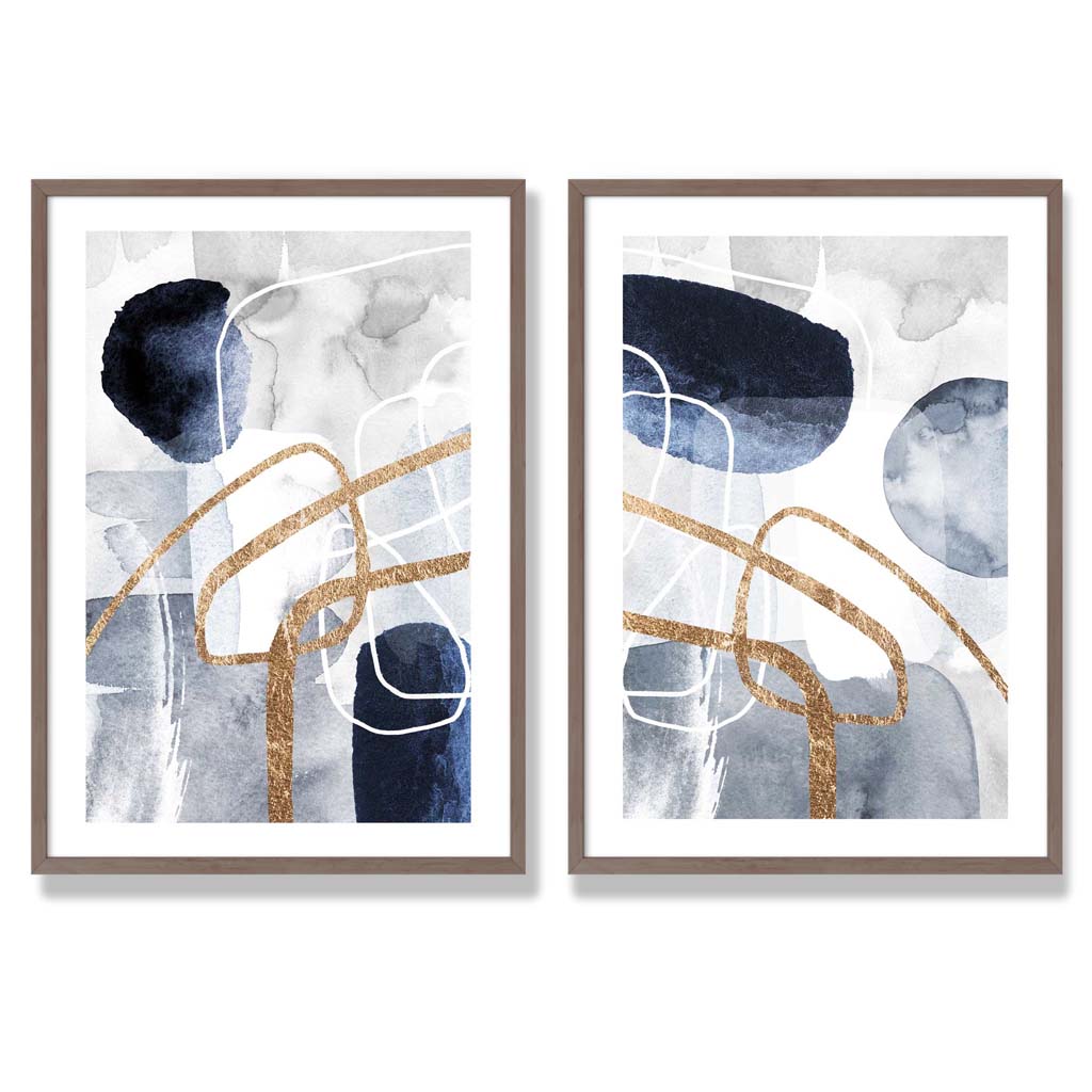 Set mit 2 Kunstdrucken im abstrakten Rahmendesign in Blau und Gold