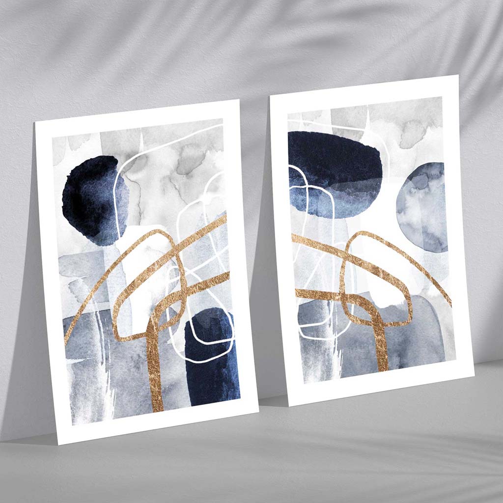 Set aus 2 Kunstdrucken mit abstrakten Formen in Blau und Gold