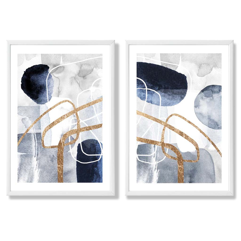 Set mit 2 Kunstdrucken im abstrakten Rahmendesign in Blau und Gold