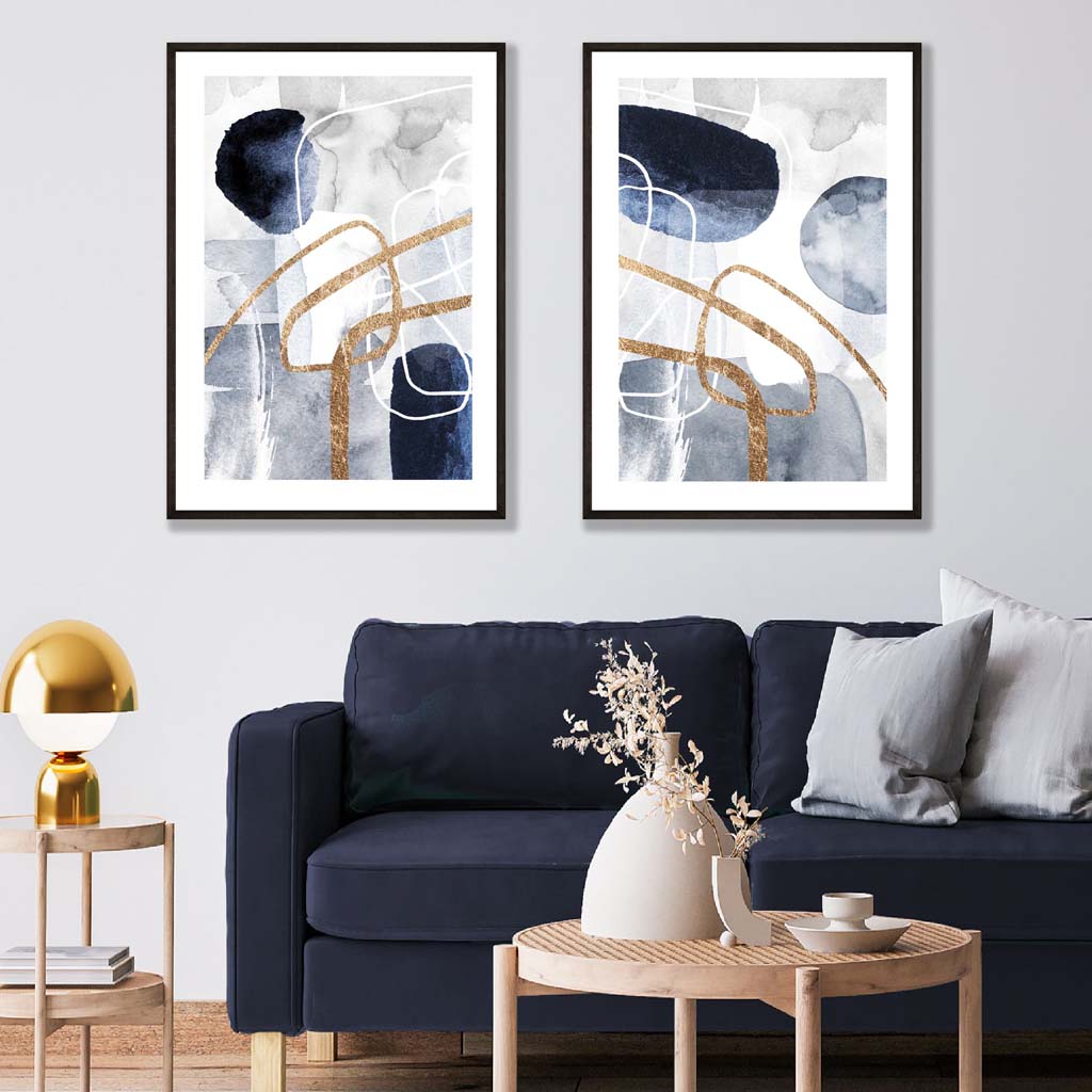 Set aus 2 Kunstdrucken mit abstrakten Formen in Blau und Gold