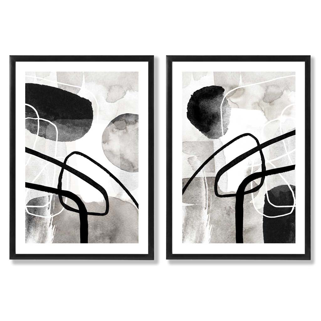 Schwarze und graue abstrakte Formen, gerahmtes 2er-Set Kunstdrucke