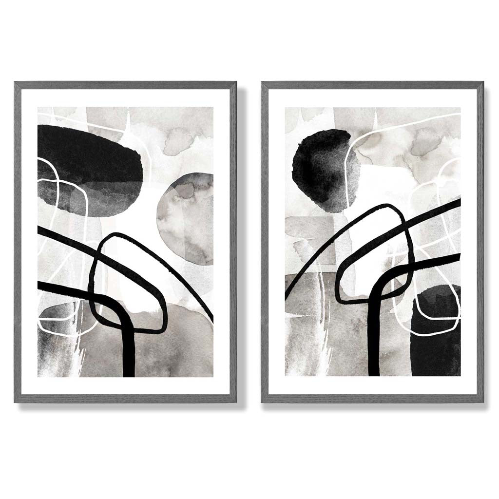 Schwarze und graue abstrakte Formen, gerahmtes 2er-Set Kunstdrucke