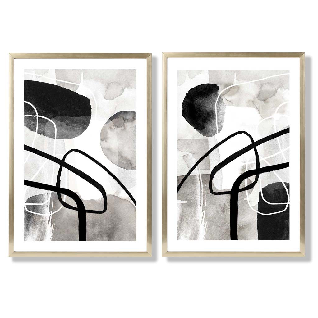 Schwarze und graue abstrakte Formen, gerahmtes 2er-Set Kunstdrucke