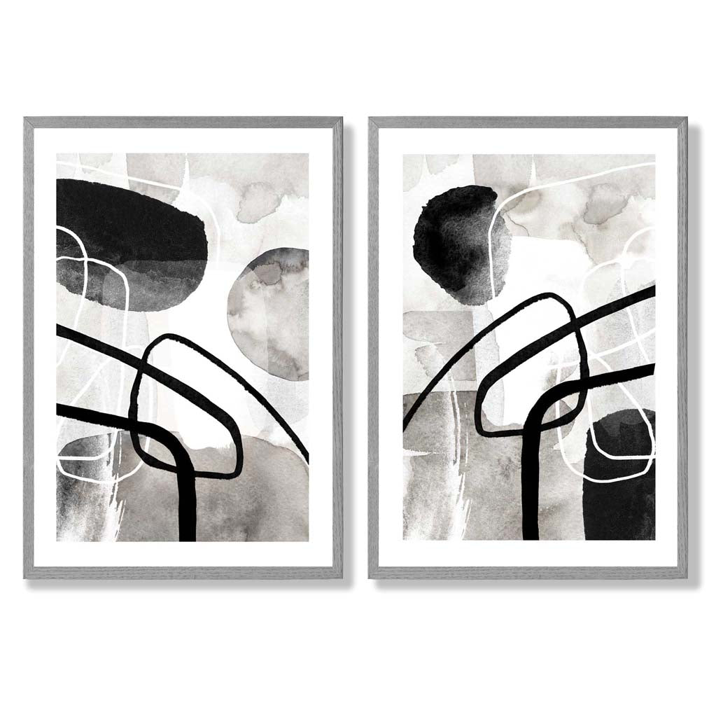 Schwarze und graue abstrakte Formen, gerahmtes 2er-Set Kunstdrucke