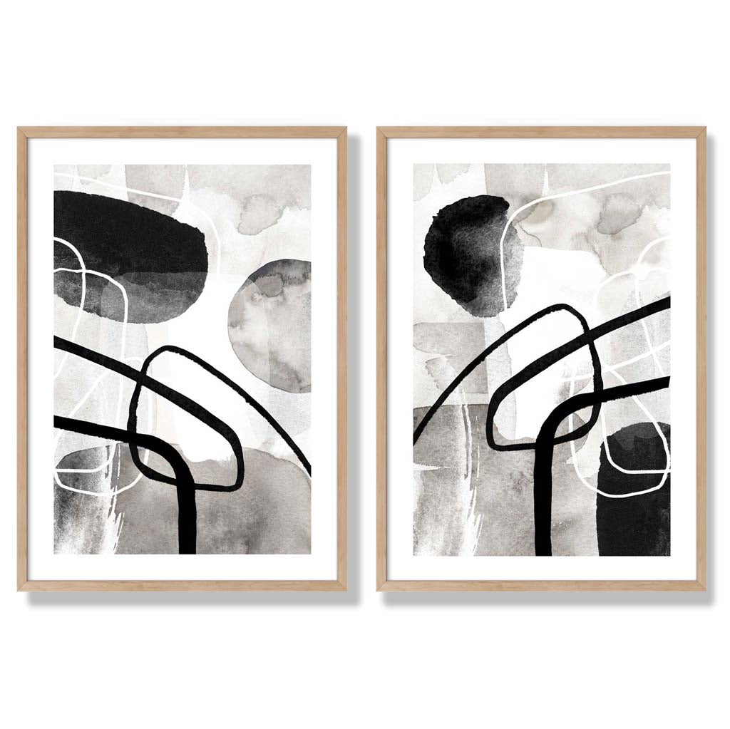 Schwarze und graue abstrakte Formen, gerahmtes 2er-Set Kunstdrucke