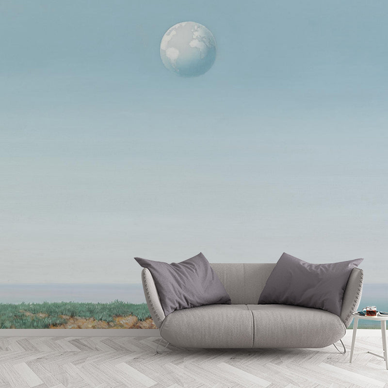 Brehn | Globe über Meer Wandgemälde Aufkleber in Hellblau-Weiß Surrealismus Wanddekoration für Schlafzimmer