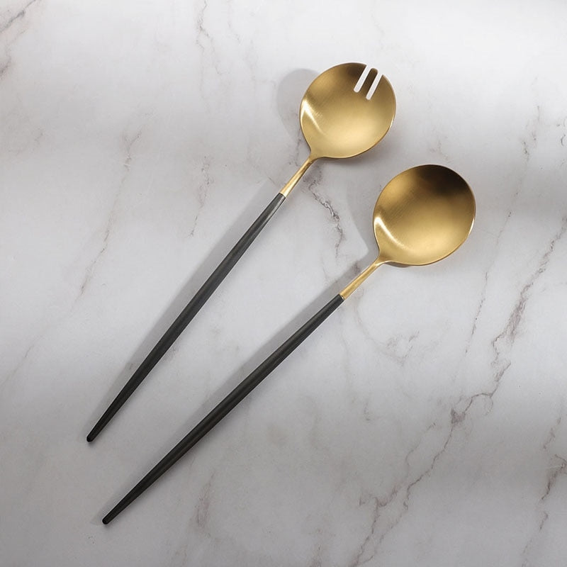 Brehn | Schwarze und goldene Salatbesteck- und Servierutensilien-Set