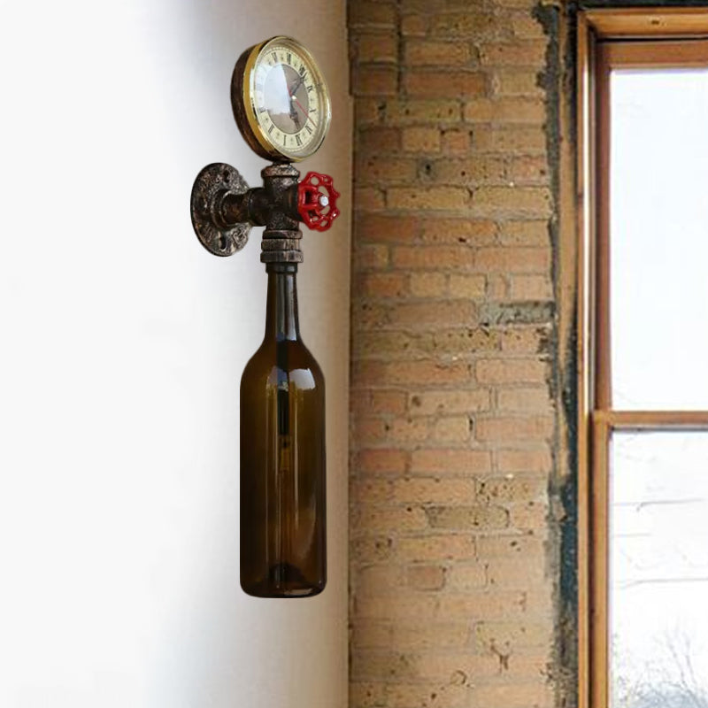 Braune/Blaue Flaschen Wandleuchte Lampe Vintage Stilvolle Glas 1 Glühbirne Wohnzimmer Wandbeleuchtung mit Manometer und Ventil
