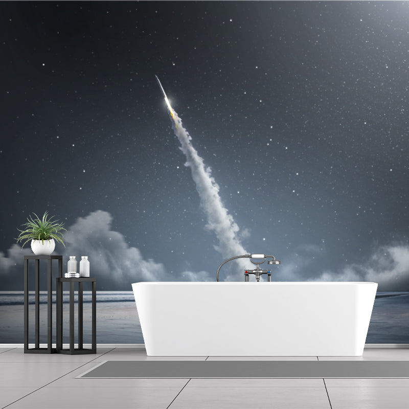 Brehn | Sterrenhemel Raket Behang Muurschildering Futuristisch Non-Woven Materiaal Wanddecoratie in Blauw-Wit