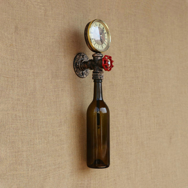 Braune/Blaue Flaschen Wandleuchte Lampe Vintage Stilvolle Glas 1 Glühbirne Wohnzimmer Wandbeleuchtung mit Manometer und Ventil