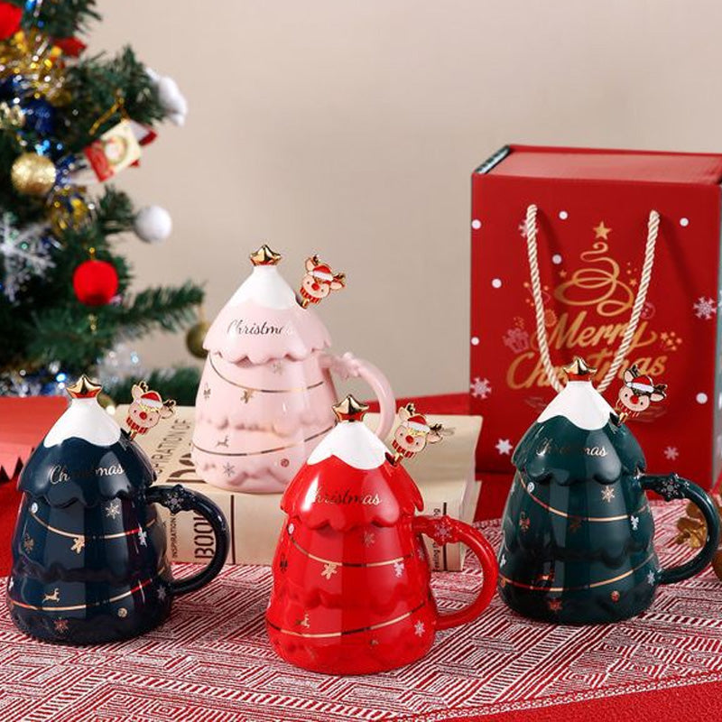 Brehn | Weihnachtsbecher Geschenk mit Deckel und Rührer Große Kapazität Keramikkaffeetasse