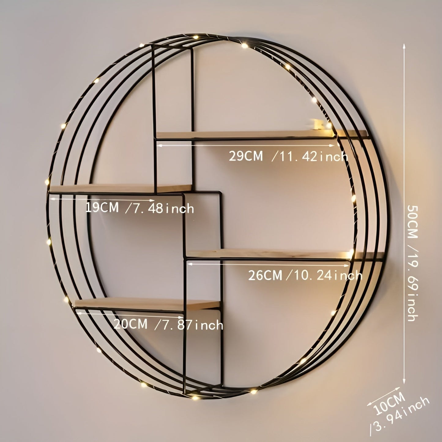Rundes Wandregal mit 4 Ebenen – Retro-Design aus Holz und Metall | Dekoratives Hängeregal für Wohnzimmer, Badezimmer und Schlafzimmer