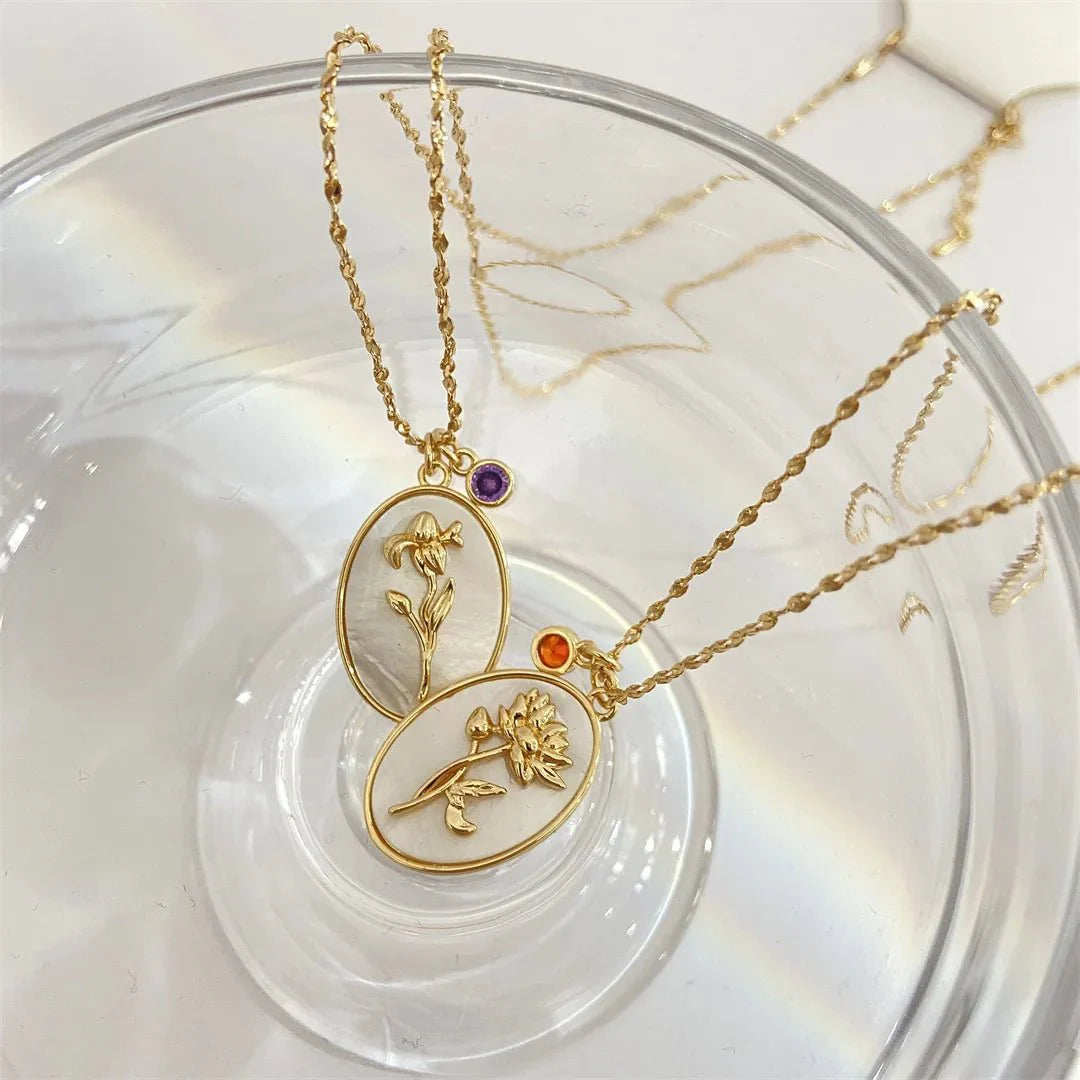 Brehn | 14k Zierliche Geburtsmonat Stein & Blumen Anhänger Halskette