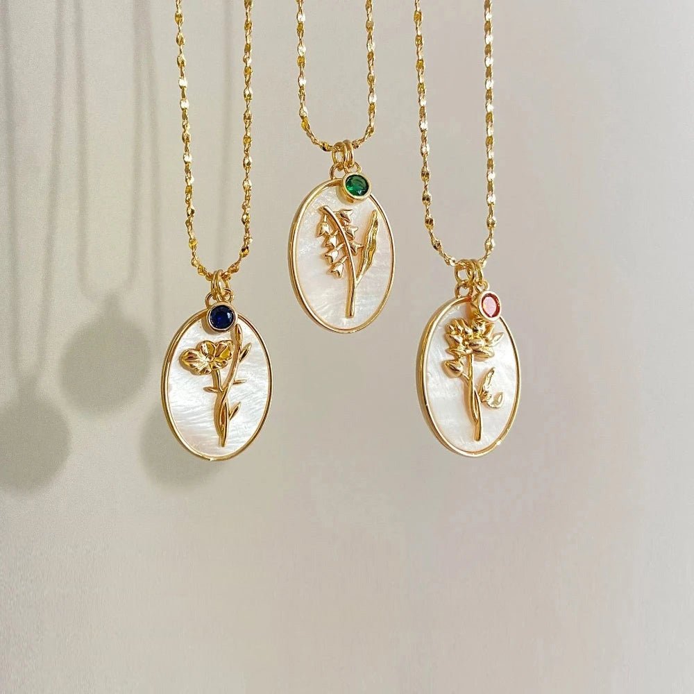 Brehn | 14k Zierliche Geburtsmonat Stein & Blumen Anhänger Halskette