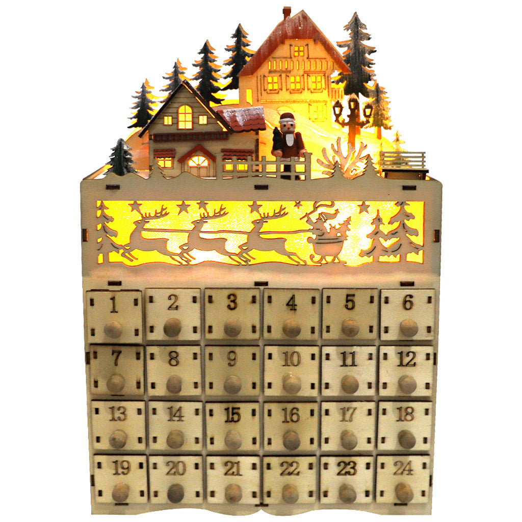 Weihnachtlicher Adventskalender aus Holz mit Dorf-Szene