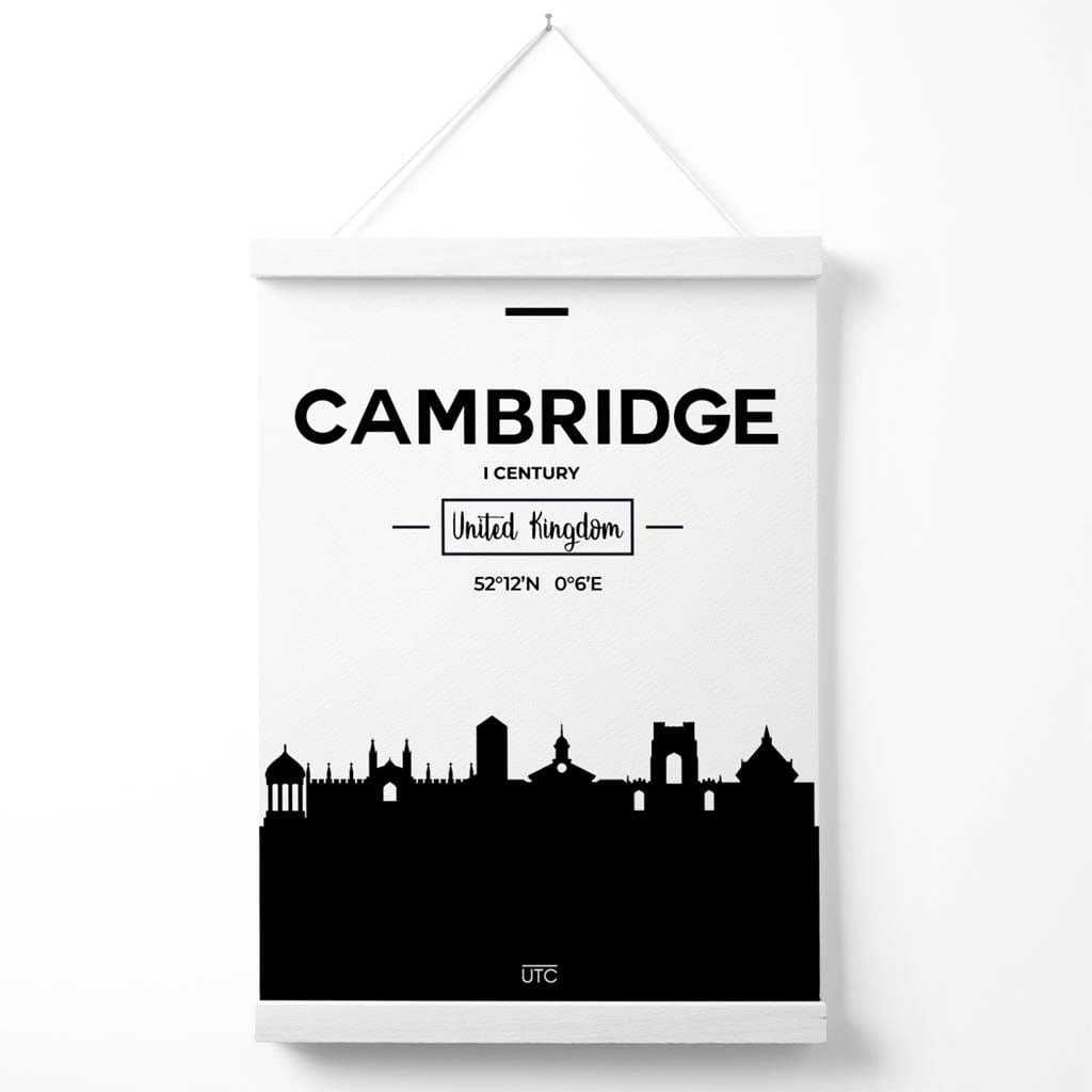 Cambridge-Stadtbildposter in Schwarz-Weiß mit Aufhänger