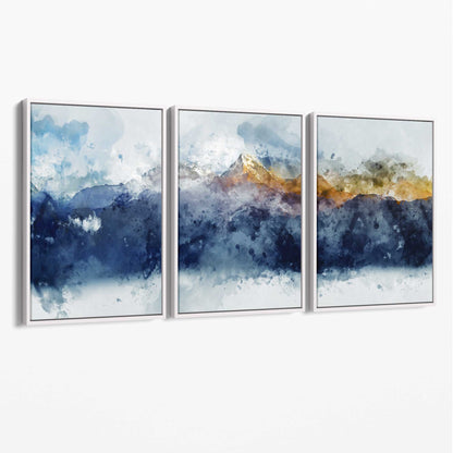 Abstraktes Wandbild mit blauen und gelben Bergen auf Leinwand