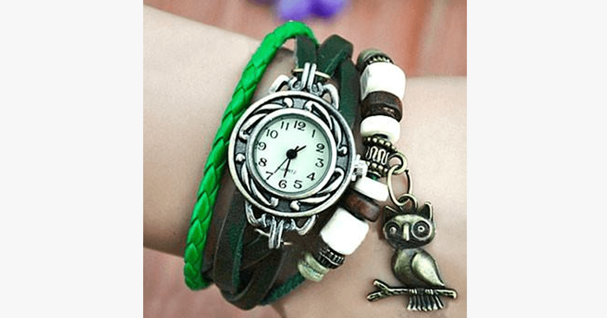 Vintage-Armbanduhr mit Eule und Boho-Chic-Armband – Gewebte Armbanduhr im Manschettenstil für einen trendigen Look!